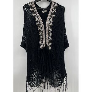 Crochet Poncho Women's One Size Black Kimono Sleeve Hippie Festival Western Boho